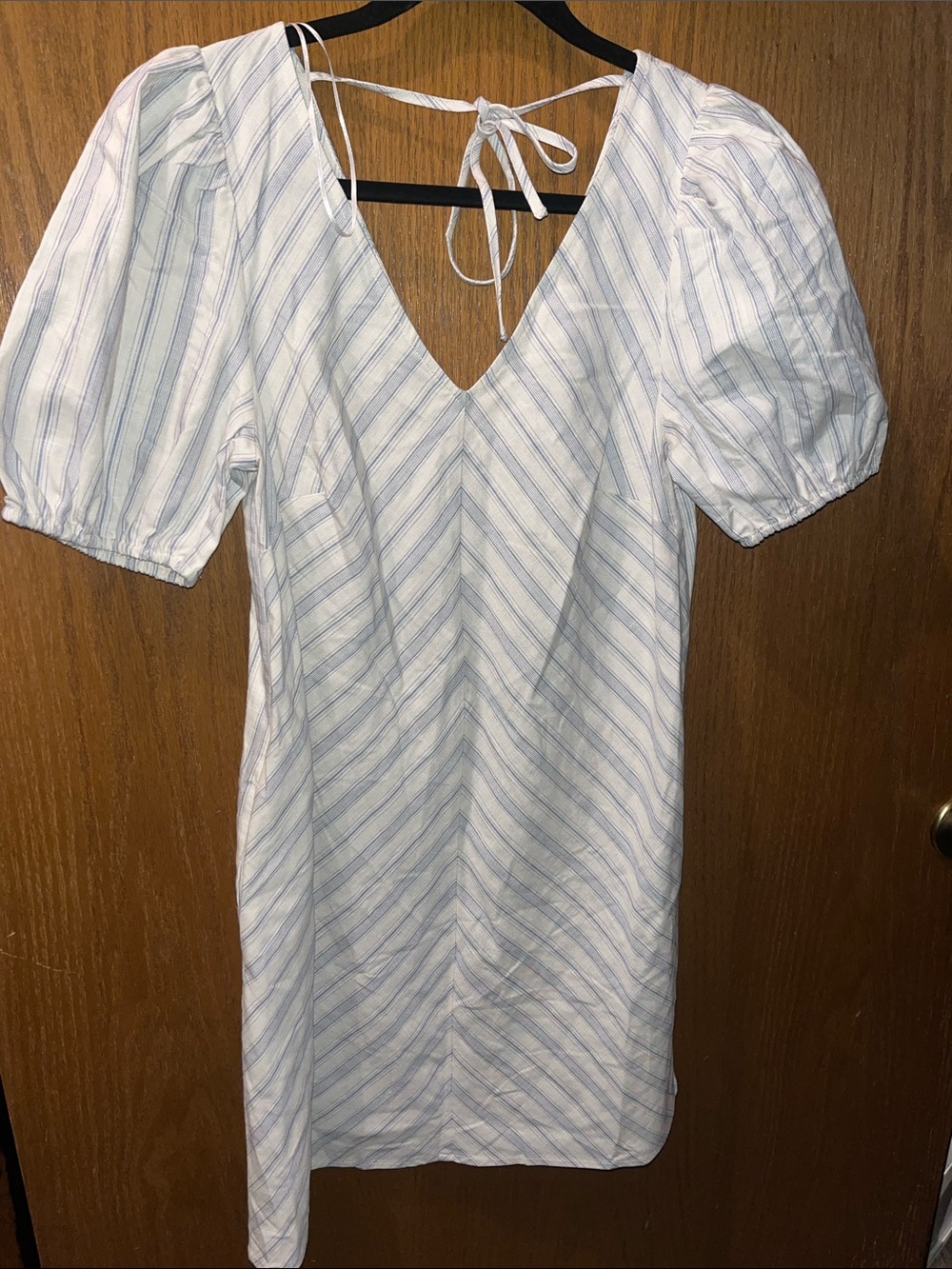 a new day White & Light Blue V-Neck Puff Sleeve Mini Dress